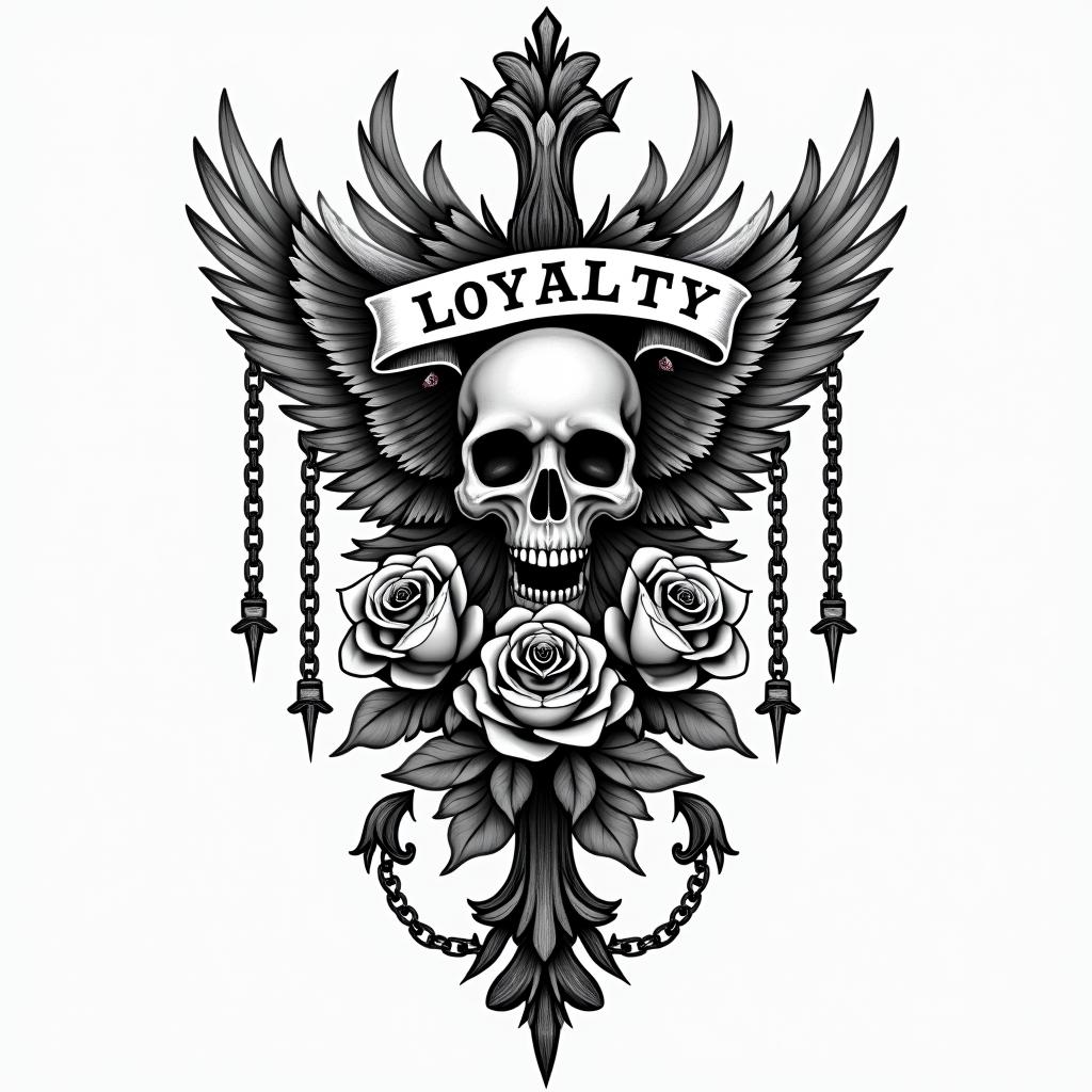 Loyalty in Chicano scriptin chicano style tattoo, featuring intricate black and grey shading, bold elements of traditional chicano culture symbols, add a big cross with skull, chains and roses - Variation 2