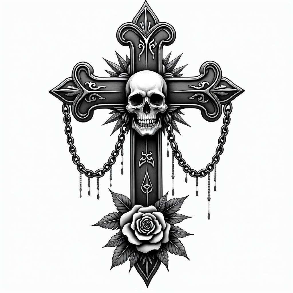 Loyalty in Chicano scriptin chicano style tattoo, featuring intricate black and grey shading, bold elements of traditional chicano culture symbols, add a big cross with skull, chains and roses - Variation 3