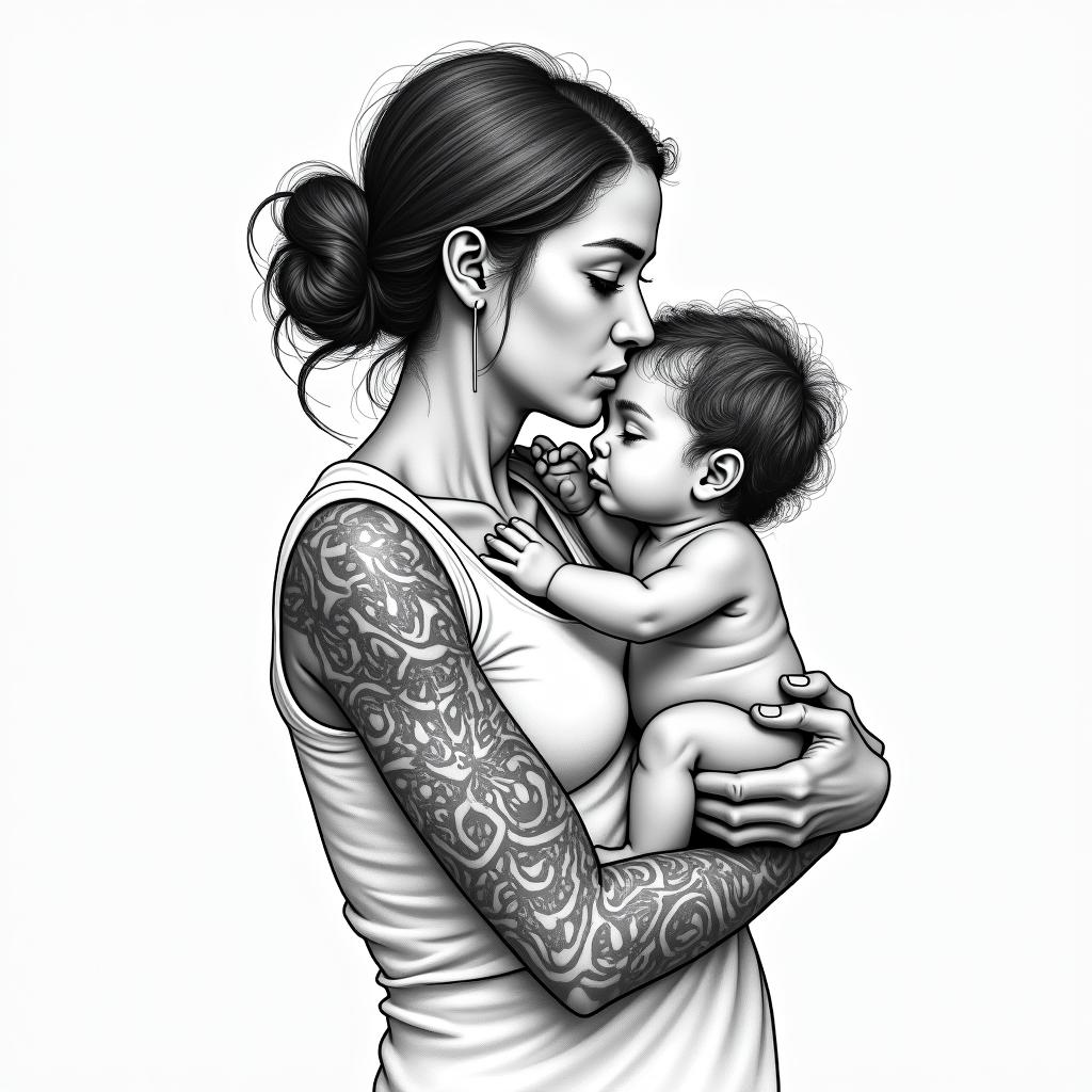 Nursing mother with her baby.in new school tattoo, pop culture, modern, detailed tattoo, illustrative - Variation 2