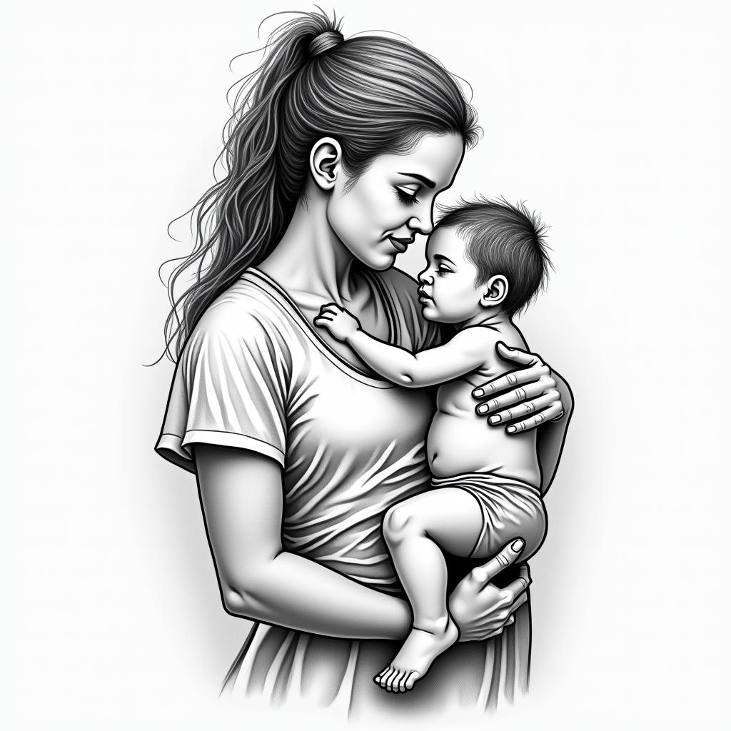 Nursing mother with her baby.in new school tattoo, pop culture, modern, detailed tattoo, illustrative - Variation 4