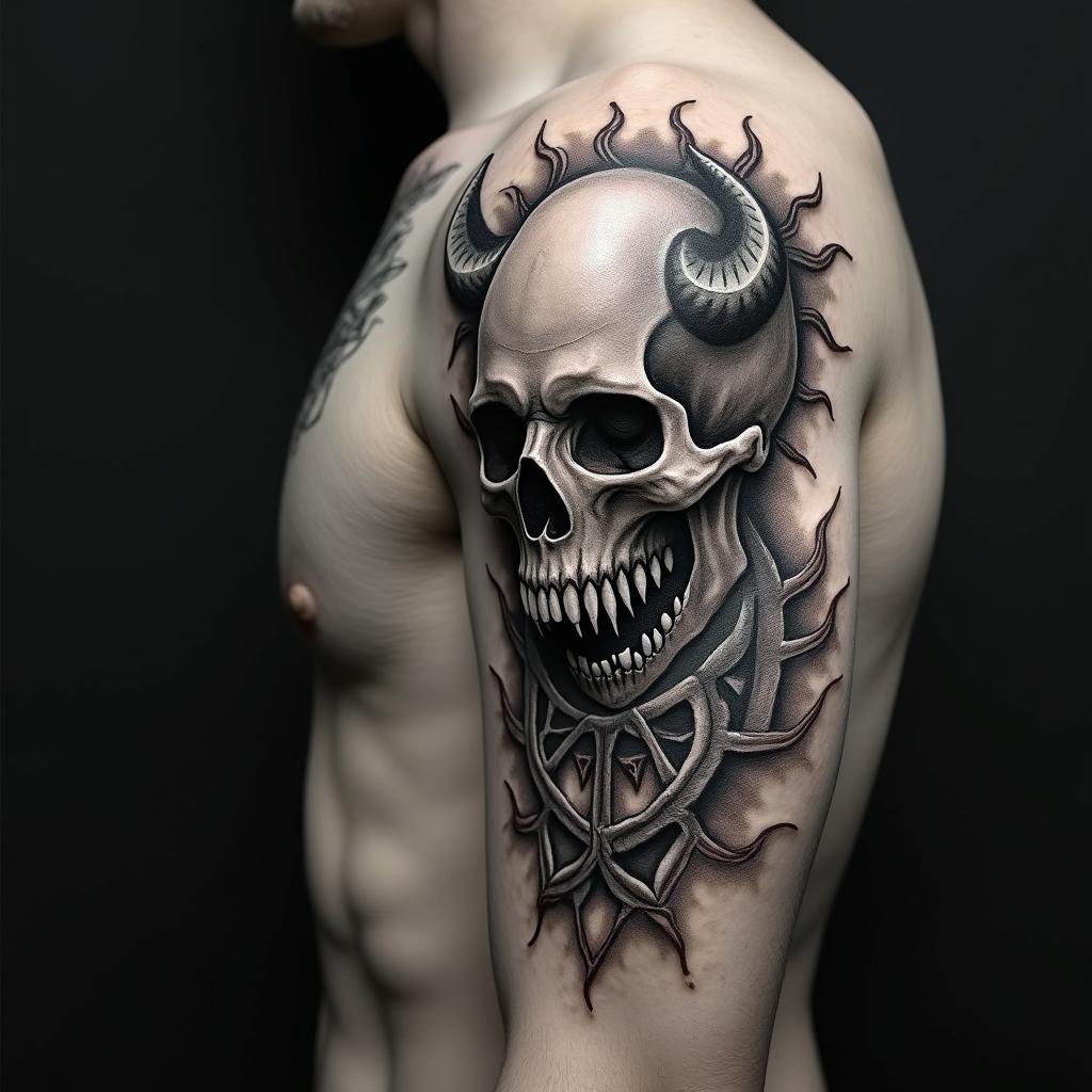 Gladiatorcreepy horror tattoo style, featuring an eerie and unsettling skull of a demonic creature, distorted face with sharp fangs, add pentagram symbol - Variation 4