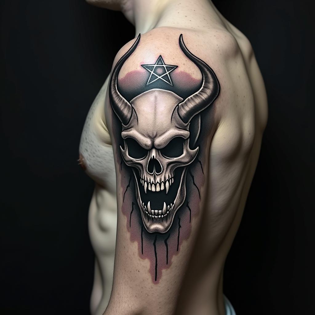 Gladiatorcreepy horror tattoo style, featuring an eerie and unsettling skull of a demonic creature, distorted face with sharp fangs, add pentagram symbol - Variation 3