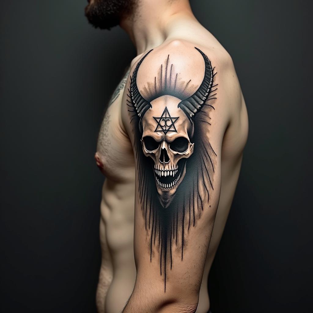 Gladiatorcreepy horror tattoo style, featuring an eerie and unsettling skull of a demonic creature, distorted face with sharp fangs, add pentagram symbol - Variation 2