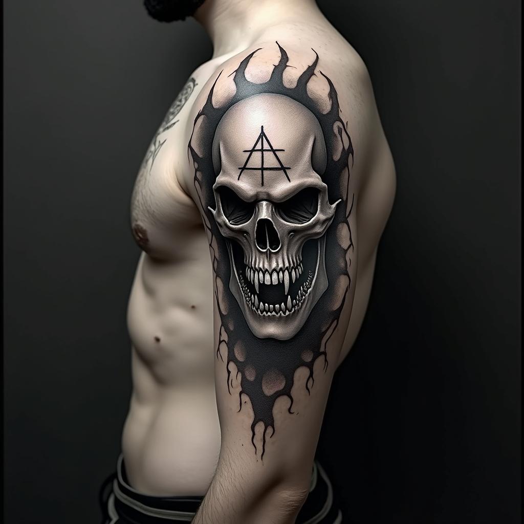 Gladiatorcreepy horror tattoo style, featuring an eerie and unsettling skull of a demonic creature, distorted face with sharp fangs, add pentagram symbol - Variation 1