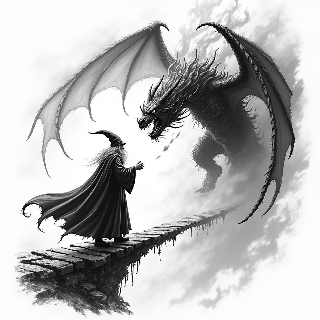 An illustrative tattoo design featuring Gandalf standing boldly on a bridge, engaged in a fierce battle with the Balrog. The scene is filled with dynamic flames swirling around the Balrog, showcasing its fiery essence. The background captures the tension and drama of the moment, with shadows dancing around, highlighting the struggle between light and darkness. Incorporate mythical runes or symbols subtly in the design, reflective of the themes of bravery and sacrifice from the Lord of the Rings.higly detailed tattoo - Variation 3