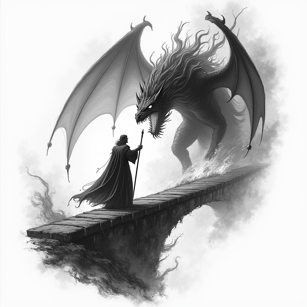 An illustrative tattoo design featuring Gandalf standing boldly on a bridge, engaged in a fierce battle with the Balrog. The scene is filled with dynamic flames swirling around the Balrog, showcasing its fiery essence. The background captures the tension and drama of the moment, with shadows dancing around, highlighting the struggle between light and darkness. Incorporate mythical runes or symbols subtly in the design, reflective of the themes of bravery and sacrifice from the Lord of the Rings.higly detailed tattoo - Variation 4