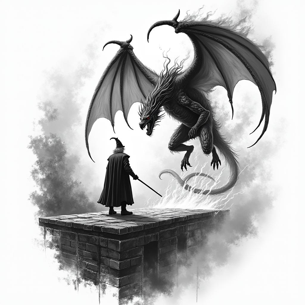 An illustrative tattoo design featuring Gandalf standing boldly on a bridge, engaged in a fierce battle with the Balrog. The scene is filled with dynamic flames swirling around the Balrog, showcasing its fiery essence. The background captures the tension and drama of the moment, with shadows dancing around, highlighting the struggle between light and darkness. Incorporate mythical runes or symbols subtly in the design, reflective of the themes of bravery and sacrifice from the Lord of the Rings.higly detailed tattoo - Variation 2