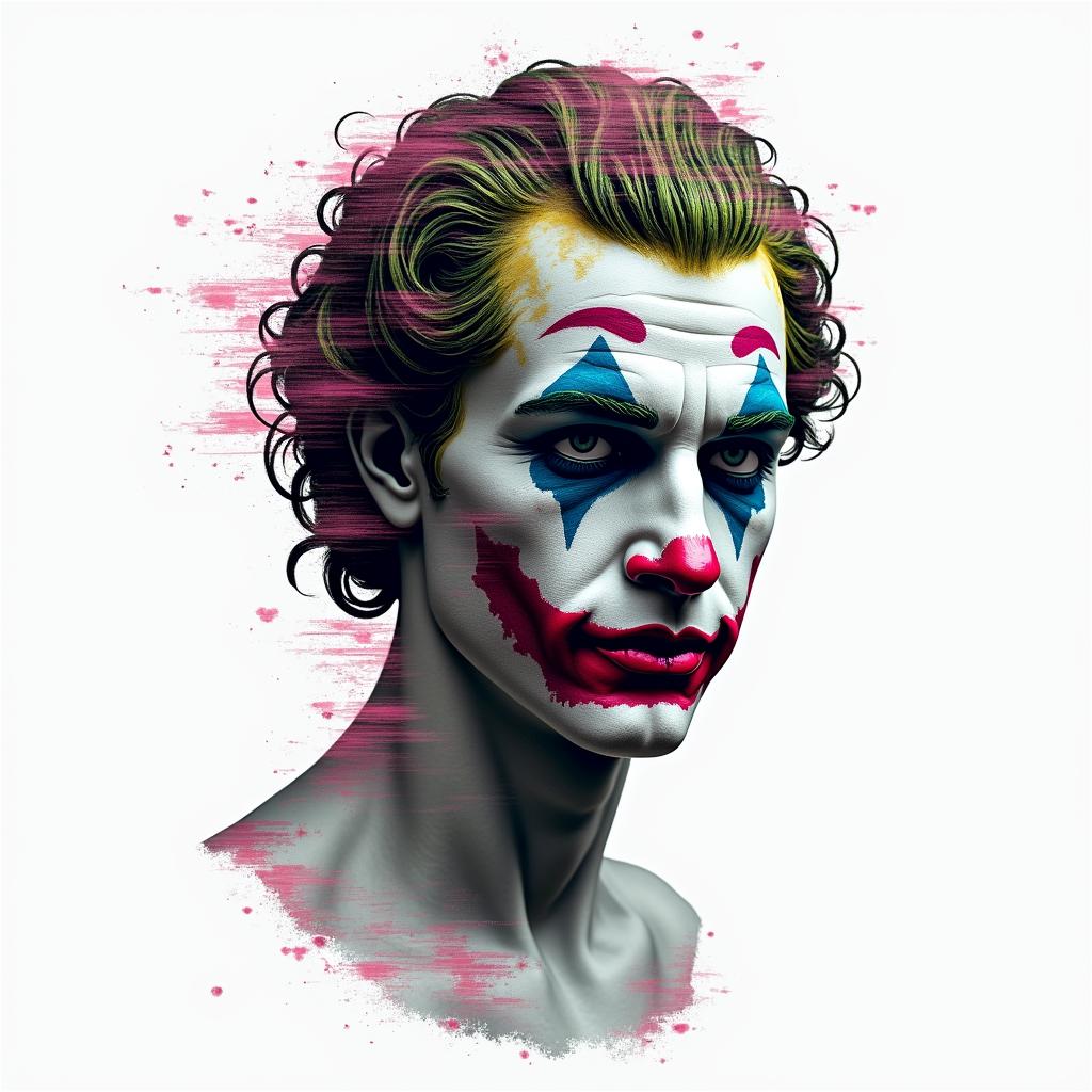 Joker love maskin distorted and fragmented tattoo design, featuring a classical statue bust, in a glitch art style with vibrant, overlapping colors of cyan, magenta, and yellow, creating a digital distortion effect - Variation 2