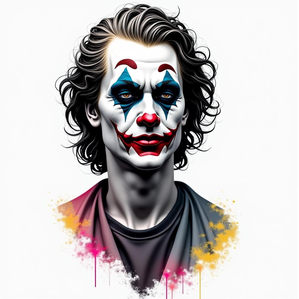 Joker love maskin distorted and fragmented tattoo design, featuring a classical statue bust, in a glitch art style with vibrant, overlapping colors of cyan, magenta, and yellow, creating a digital distortion effect - Variation 3