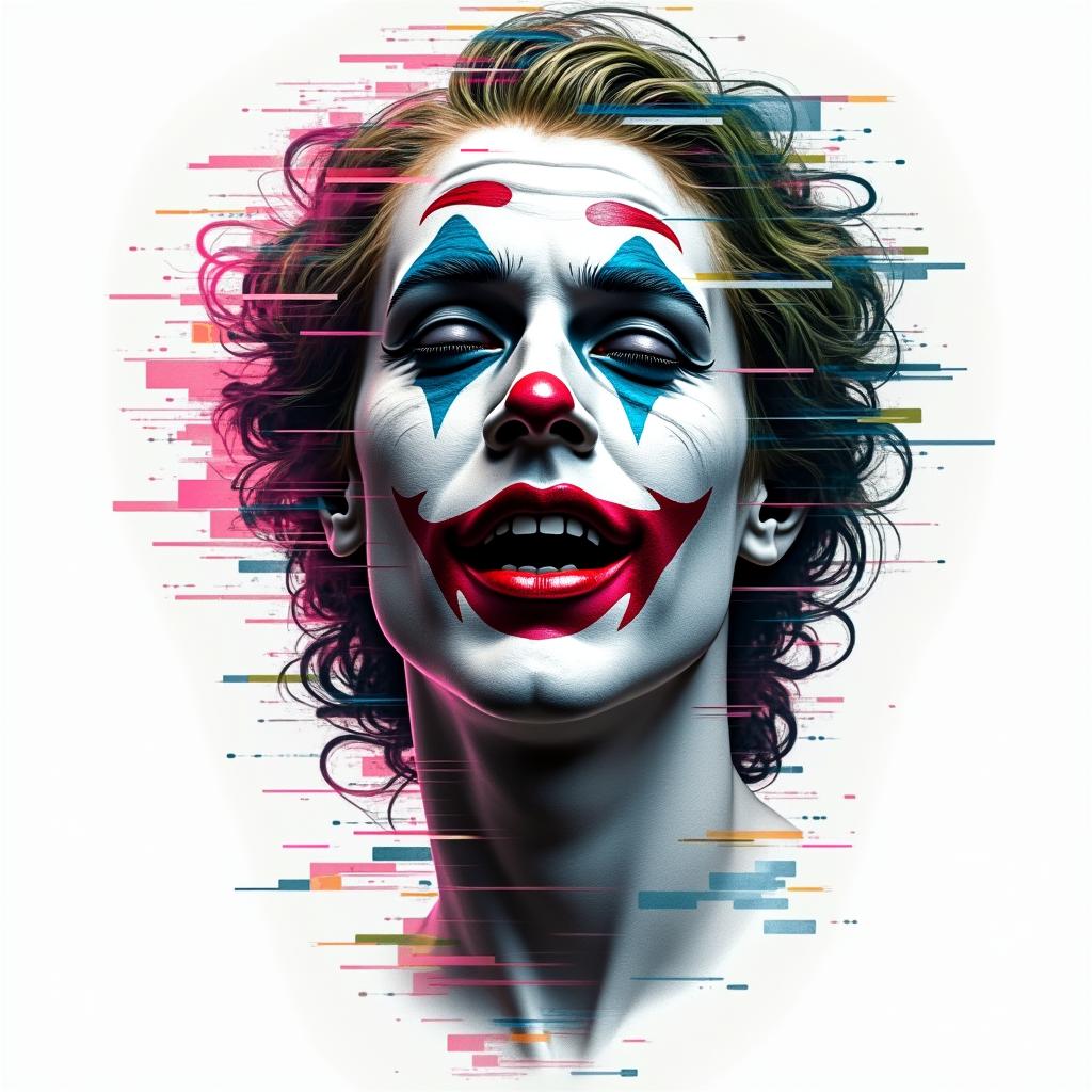 Joker love maskin distorted and fragmented tattoo design, featuring a classical statue bust, in a glitch art style with vibrant, overlapping colors of cyan, magenta, and yellow, creating a digital distortion effect - Variation 4