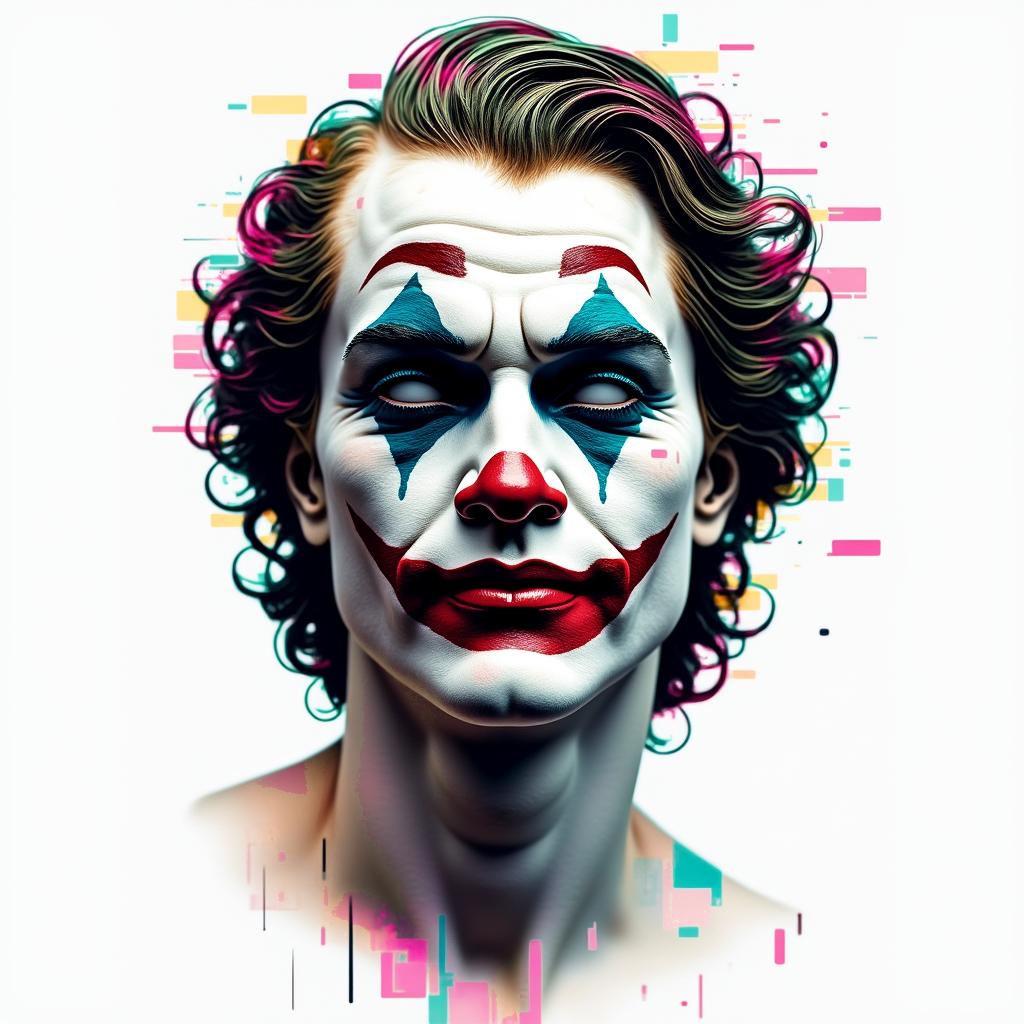 Joker love maskin distorted and fragmented tattoo design, featuring a classical statue bust, in a glitch art style with vibrant, overlapping colors of cyan, magenta, and yellow, creating a digital distortion effect