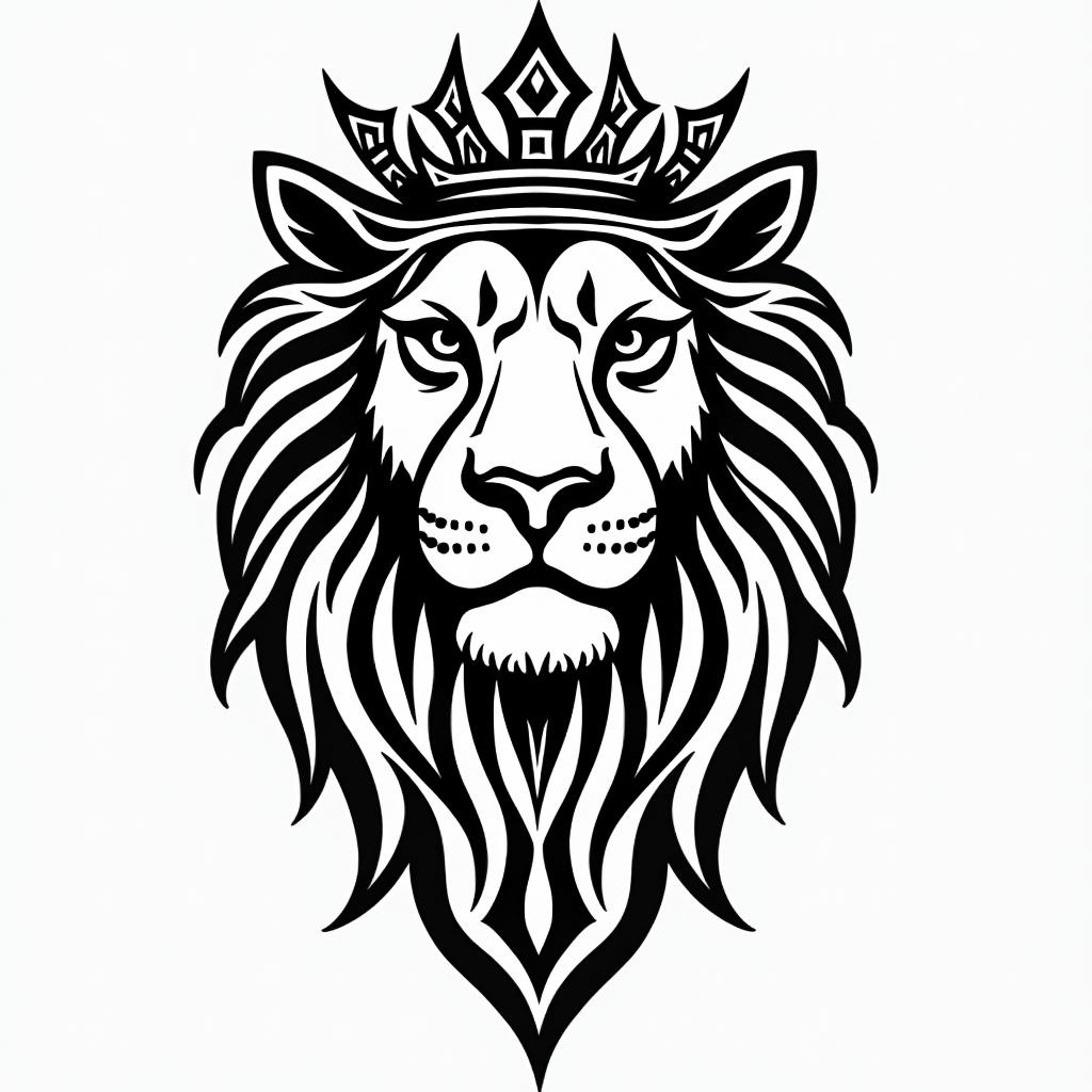 Lioness with crown on headin tribal tattoo style, featuring bold and black geometric shapes, curved lines, intertwine and flow seamlessly, creating a powerful and symbolic design, polynesian and maori styles - Variation 5