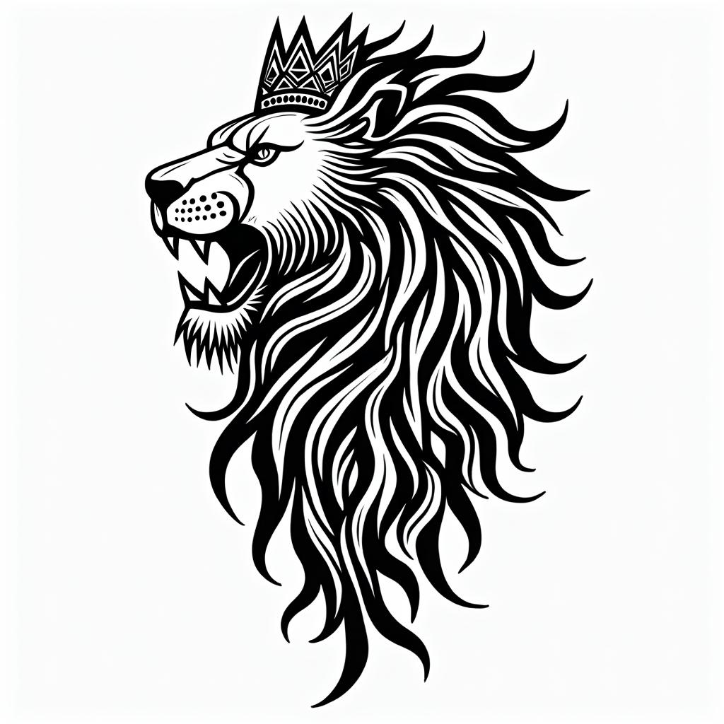 Lioness with crown on headin tribal tattoo style, featuring bold and black geometric shapes, curved lines, intertwine and flow seamlessly, creating a powerful and symbolic design, polynesian and maori styles - Variation 8