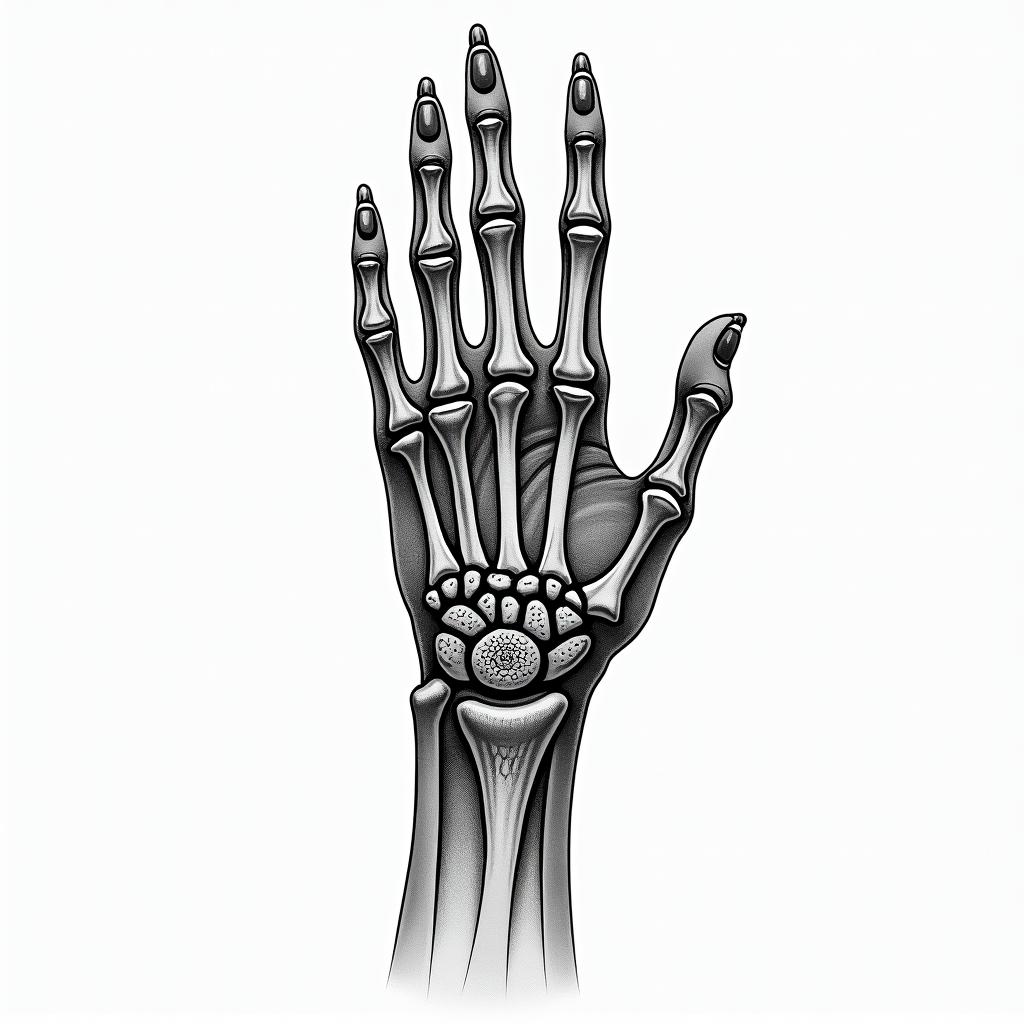 skeleton hand touching fingers with normal hand in geometric style tattoo, blending hexagons, mandala-inspired patterns, symmetrical and fractal design, clean lines, sharp angles - Variation 4