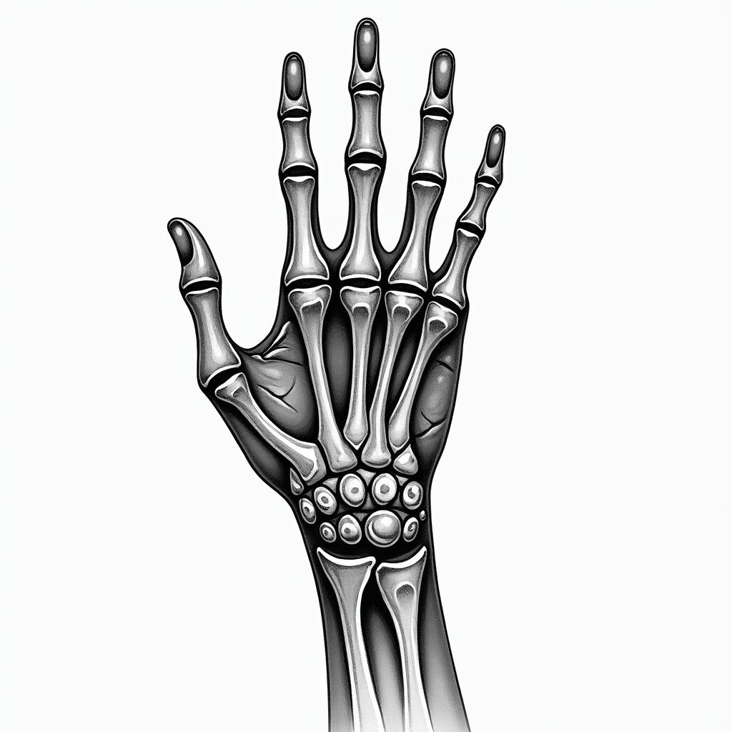 skeleton hand touching fingers with normal hand in geometric style tattoo, blending hexagons, mandala-inspired patterns, symmetrical and fractal design, clean lines, sharp angles - Variation 2
