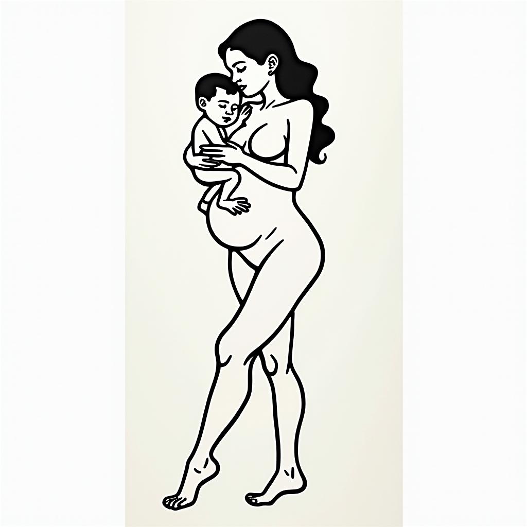 Mother breastfeeding her baby.abstract dancing figures in Keith Haring style, featuring bold black outlines and solid color fills, figures posed in dynamic and playful dance movements, minimalist design - Variation 2