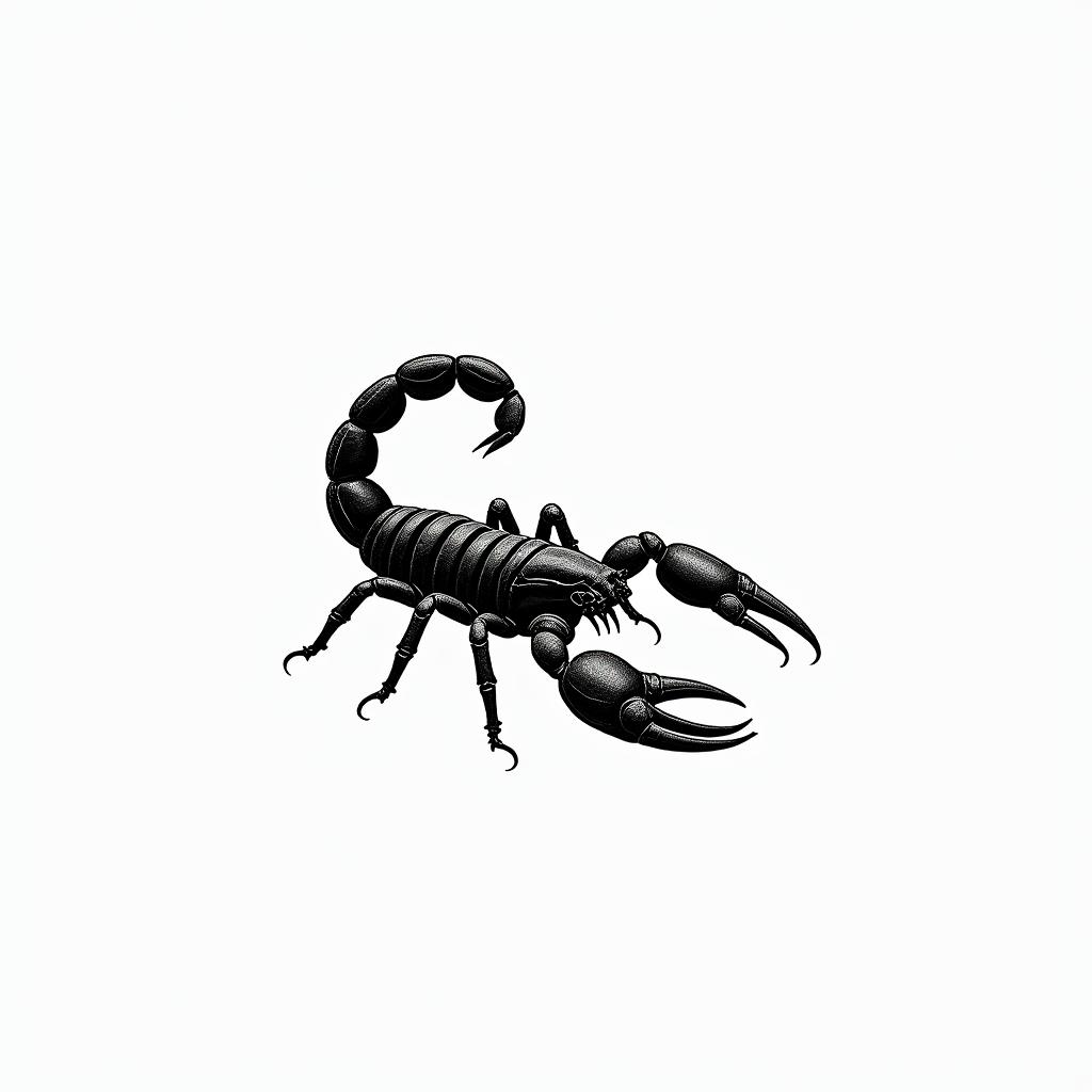 Scorpion with sharp and detailed clawsminimalist text-based tattoo, Monospace font ultra-realistic, perfectly placed, high-quality font design, photo-realistic shading, 8k, high quality, finely detailed typograph - Variation 2