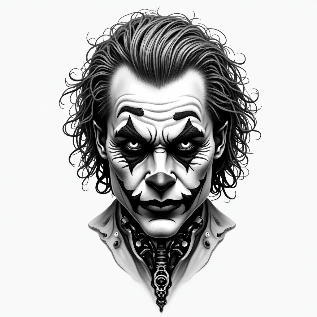Joker love masktattoo in biomechanic style, the tattoo covered by robotic elements of futuristic cyberpunk design, robotic features detail, showcasing intricate mechanical components - Variation 2