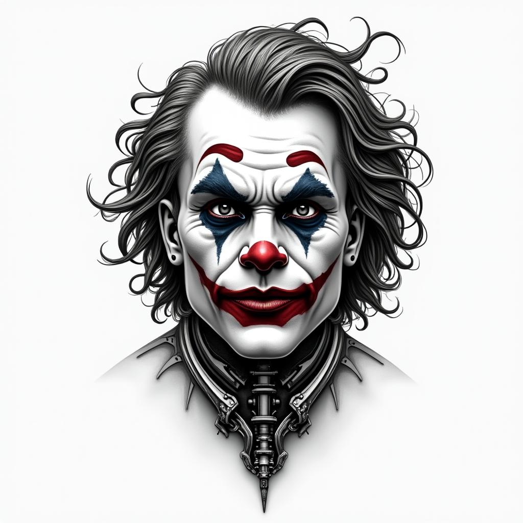 Joker love masktattoo in biomechanic style, the tattoo covered by robotic elements of futuristic cyberpunk design, robotic features detail, showcasing intricate mechanical components