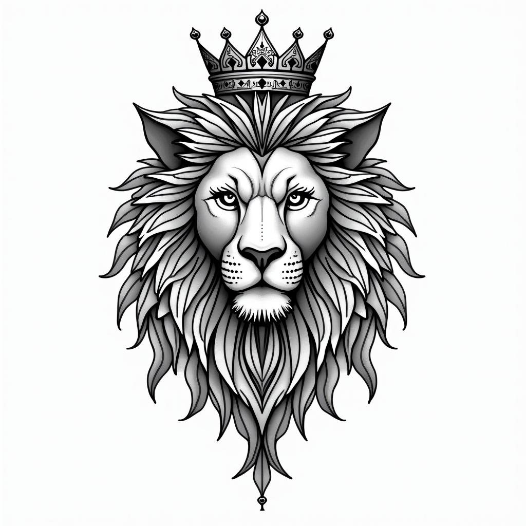 Lioness with crown on head in geometric style tattoo, blending hexagons, mandala-inspired patterns, symmetrical and fractal design, clean lines, sharp angles