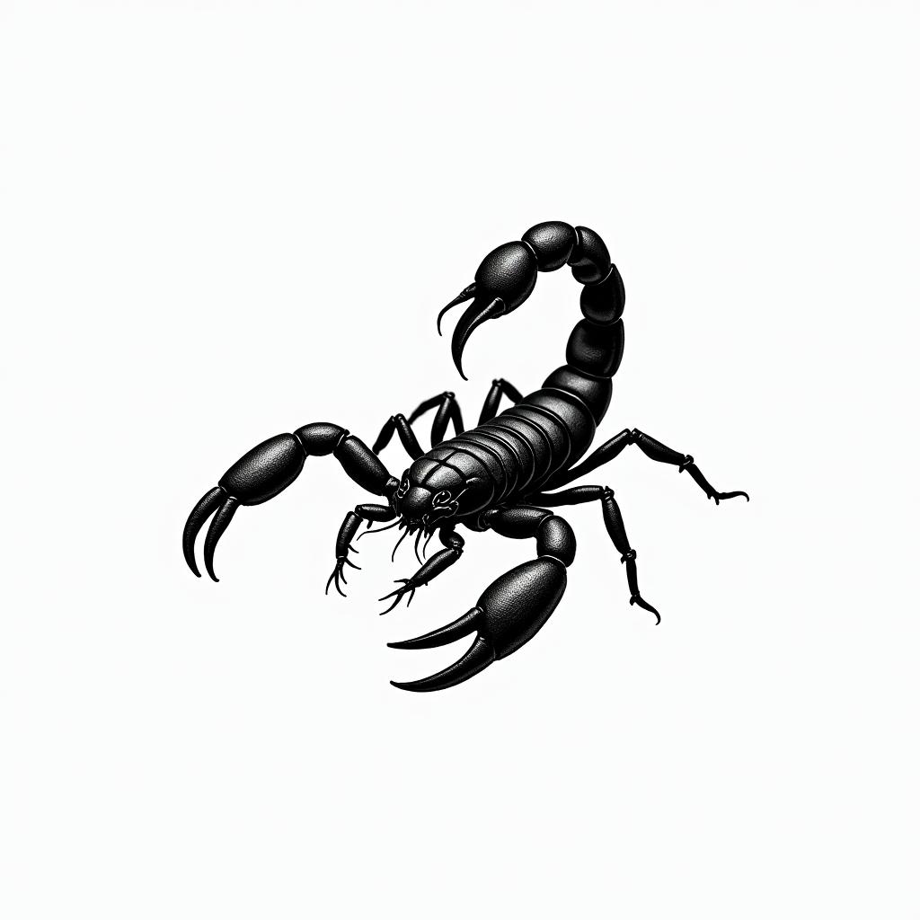 Scorpion with sharp and detailed clawsminimalist text-based tattoo, Monospace font ultra-realistic, perfectly placed, high-quality font design, photo-realistic shading, 8k, high quality, finely detailed typograph