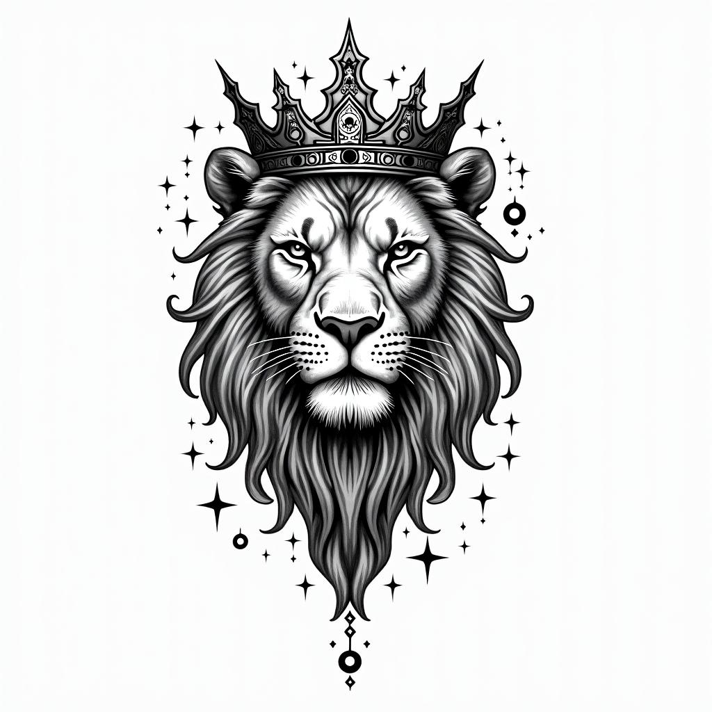 Lioness with crown on headin prophecy tattoo style, featuring mystical symbols, celestial imagery like stars, moons, suns, geometric patterns, foretelling elements, an eye of wisdom - Variation 2