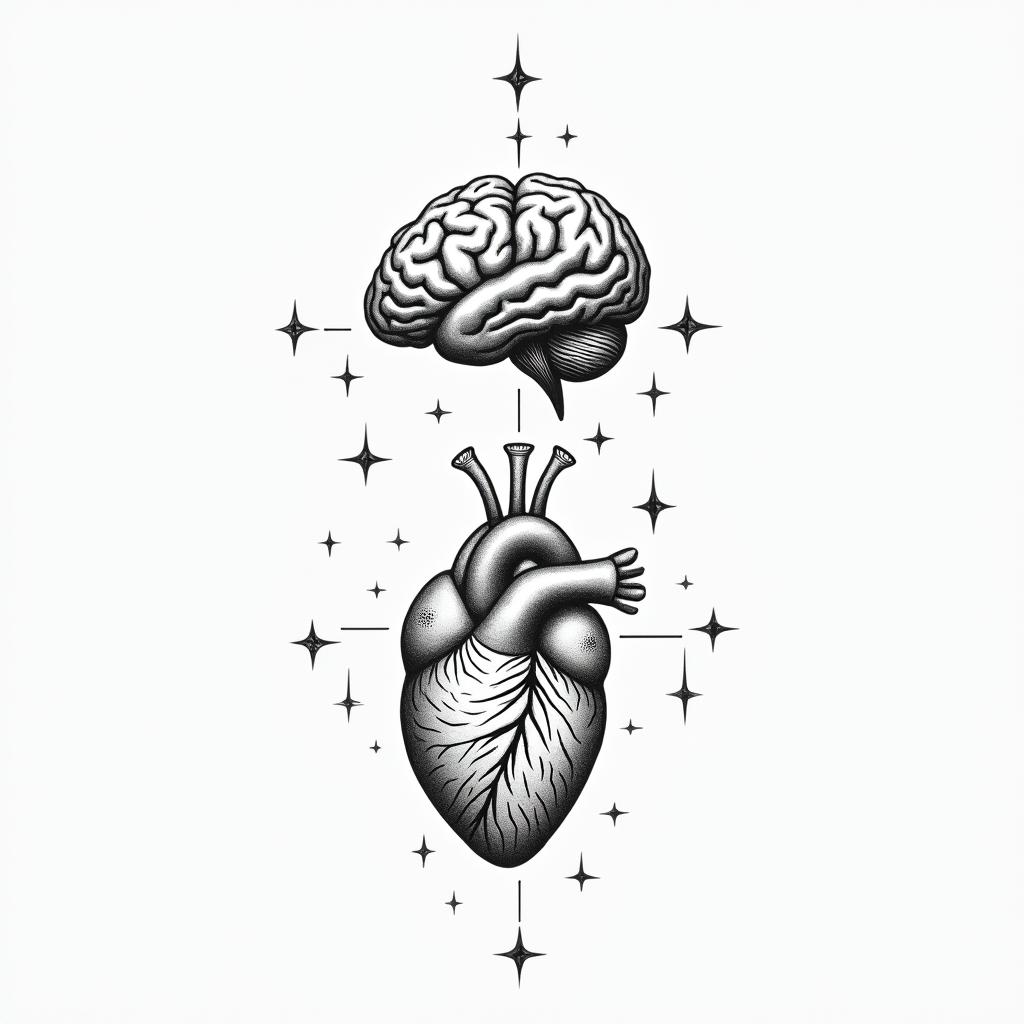 Balanced heart and brainin minimalist style tattoo, featuring simple shapes and fine lines, with minimal shading and details, tiny triangles, creating a sense of balance and harmony - Variation 6