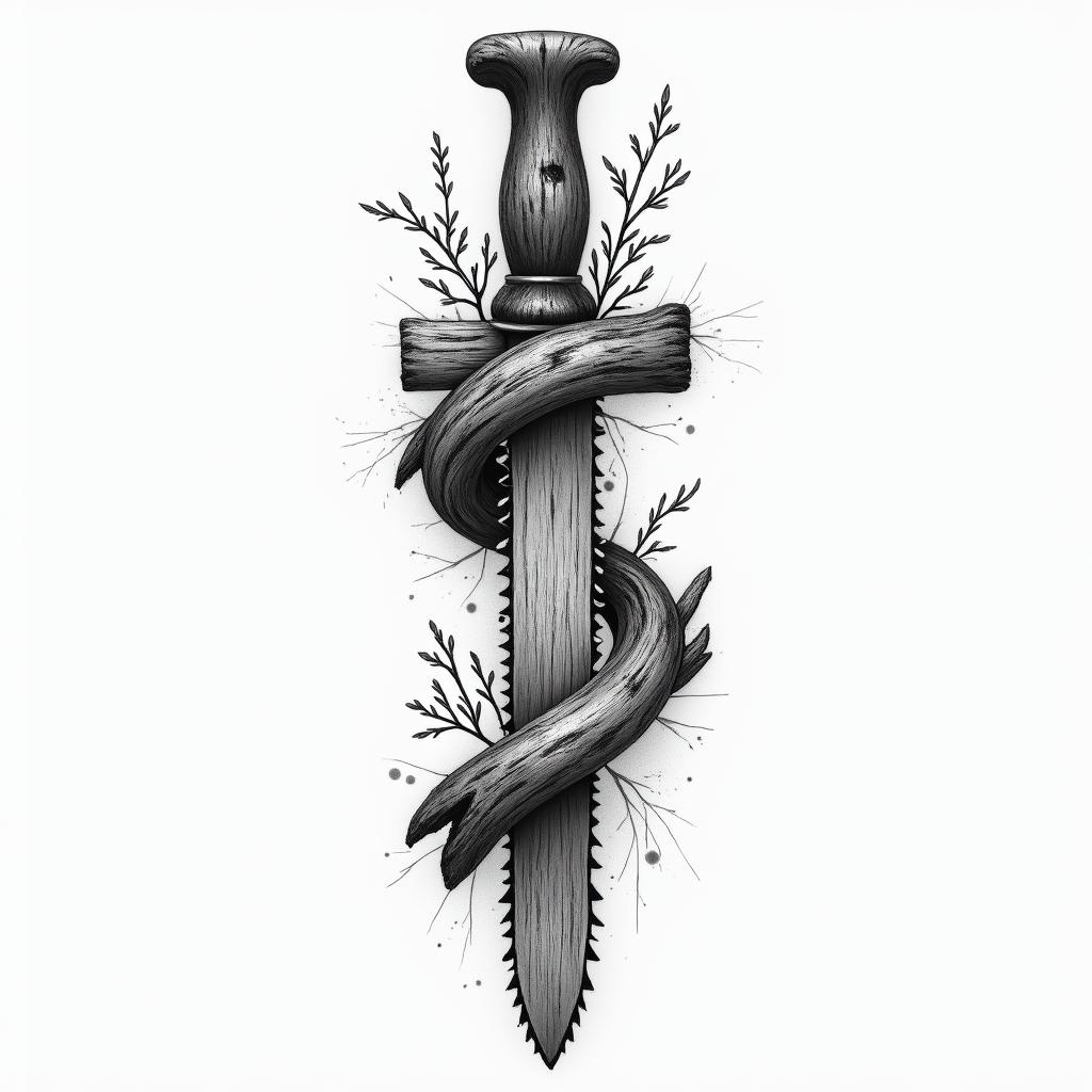 A tattoo design featuring a vintage saw blade intertwined with cedar wood elements, symbolizing individuality and craftsmanship. Incorporate natural textures and intricate details to showcase the beauty of wood and the essence of woodworking, reflecting a passion for old tools and the art of Against the Grain Woodworking.higly detailed tattoo - Variation 2