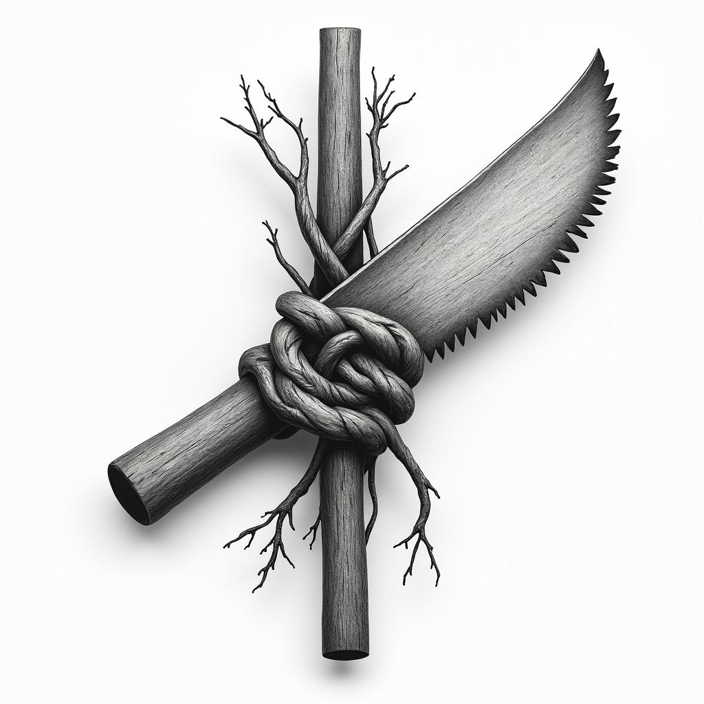 A tattoo design featuring a vintage saw blade intertwined with cedar wood elements, symbolizing individuality and craftsmanship. Incorporate natural textures and intricate details to showcase the beauty of wood and the essence of woodworking, reflecting a passion for old tools and the art of Against the Grain Woodworking.higly detailed tattoo - Variation 3
