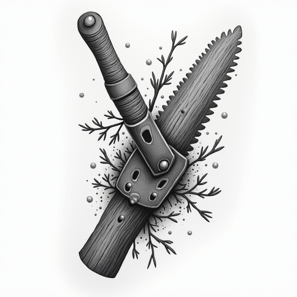A tattoo design featuring a vintage saw blade intertwined with cedar wood elements, symbolizing individuality and craftsmanship. Incorporate natural textures and intricate details to showcase the beauty of wood and the essence of woodworking, reflecting a passion for old tools and the art of Against the Grain Woodworking.higly detailed tattoo - Variation 4