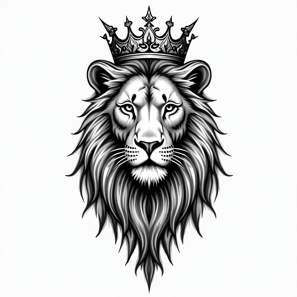 Lioness with crown on headin ornamental tattoo style, featuring intricate symmetrical patterns and floral designs, showcasing highly detailed line work and geometric shapes, creating a sense of elegance and balance