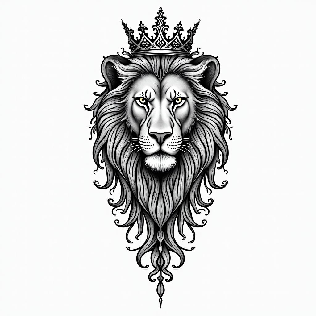 Lioness with crown on headin ornamental tattoo style, featuring intricate symmetrical patterns and floral designs, showcasing highly detailed line work and geometric shapes, creating a sense of elegance and balance - Variation 4