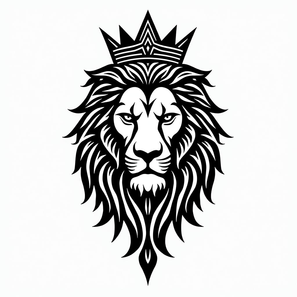 Lioness with crown on headin tribal tattoo style, featuring bold and black geometric shapes, curved lines, intertwine and flow seamlessly, creating a powerful and symbolic design, polynesian and maori styles - Variation 2