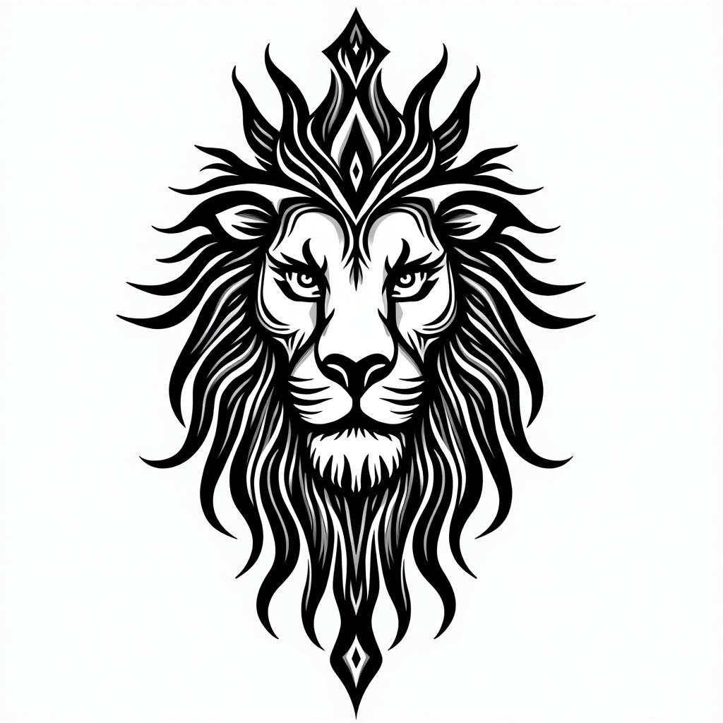 Lioness with crown on headin tribal tattoo style, featuring bold and black geometric shapes, curved lines, intertwine and flow seamlessly, creating a powerful and symbolic design, polynesian and maori styles - Variation 3