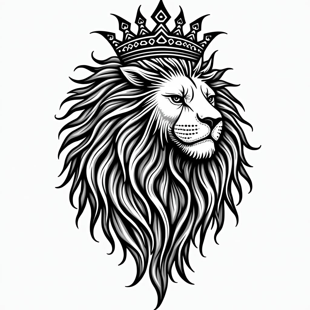 Lioness with crown on headin tribal tattoo style, featuring bold and black geometric shapes, curved lines, intertwine and flow seamlessly, creating a powerful and symbolic design, polynesian and maori styles - Variation 4