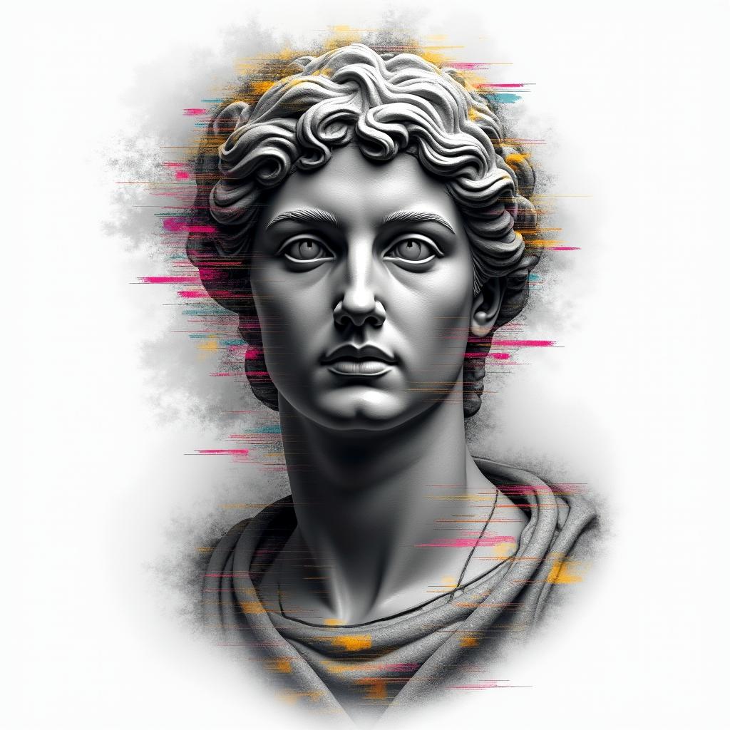 A front facing ship with a inky, misty surroundin distorted and fragmented tattoo design, featuring a classical statue bust, in a glitch art style with vibrant, overlapping colors of cyan, magenta, and yellow, creating a digital distortion effect - Variation 4