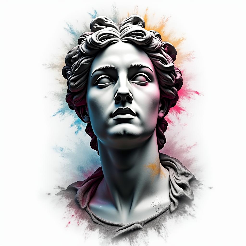 A front facing ship with a inky, misty surroundin distorted and fragmented tattoo design, featuring a classical statue bust, in a glitch art style with vibrant, overlapping colors of cyan, magenta, and yellow, creating a digital distortion effect - Variation 2