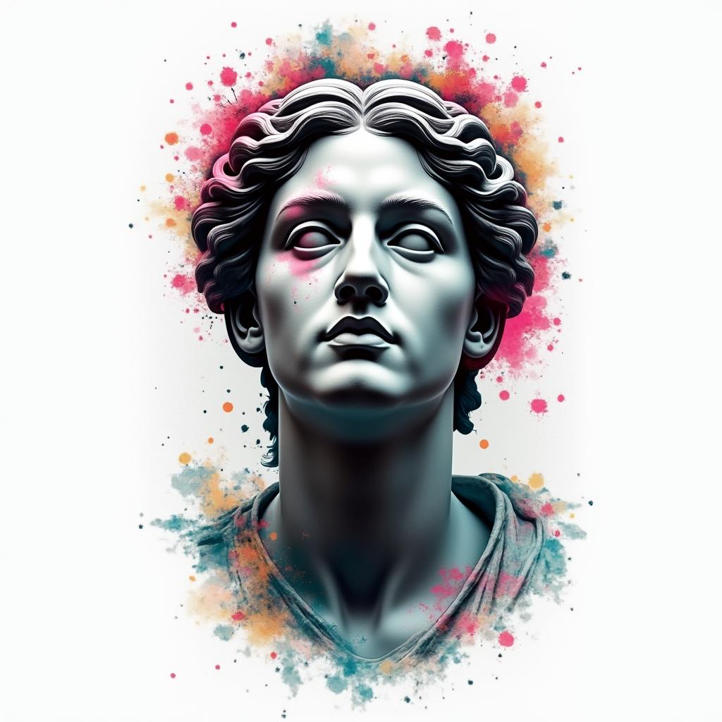 A front facing ship with a inky, misty surroundin distorted and fragmented tattoo design, featuring a classical statue bust, in a glitch art style with vibrant, overlapping colors of cyan, magenta, and yellow, creating a digital distortion effect - Variation 3