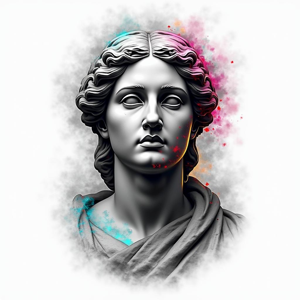 A front facing ship with a inky, misty surroundin distorted and fragmented tattoo design, featuring a classical statue bust, in a glitch art style with vibrant, overlapping colors of cyan, magenta, and yellow, creating a digital distortion effect