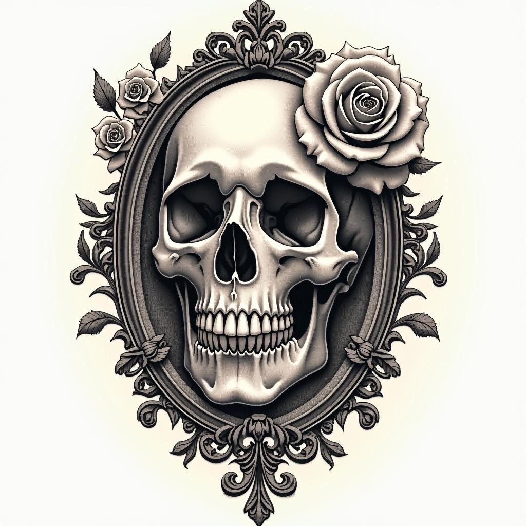 Eye rose skull lovein victorian style tattoo, featuring vintage and elegant elements, ornate frames, roses, antique, sepia-toned color scheme