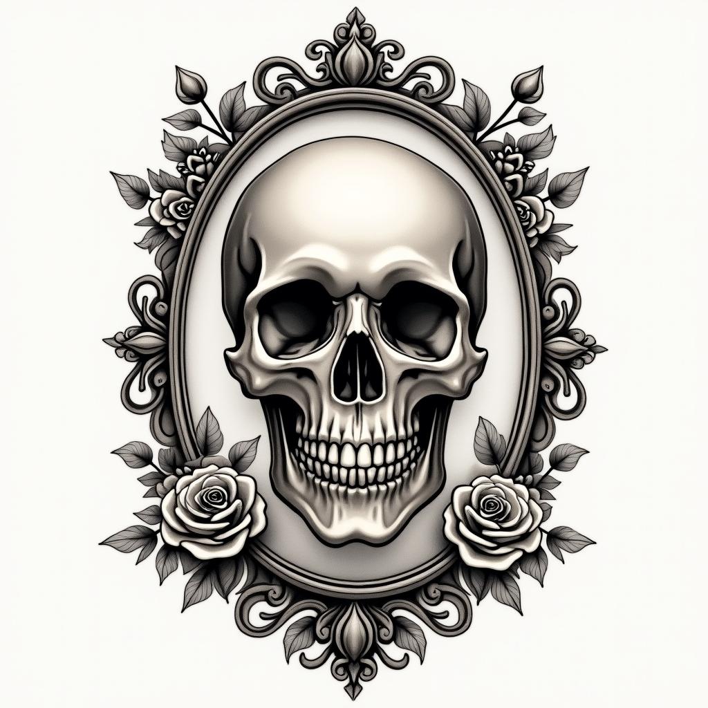 Eye rose skull lovein victorian style tattoo, featuring vintage and elegant elements, ornate frames, roses, antique, sepia-toned color scheme - Variation 4