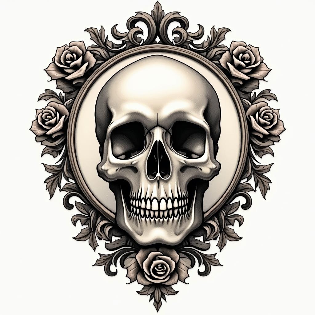 Eye rose skull lovein victorian style tattoo, featuring vintage and elegant elements, ornate frames, roses, antique, sepia-toned color scheme - Variation 3