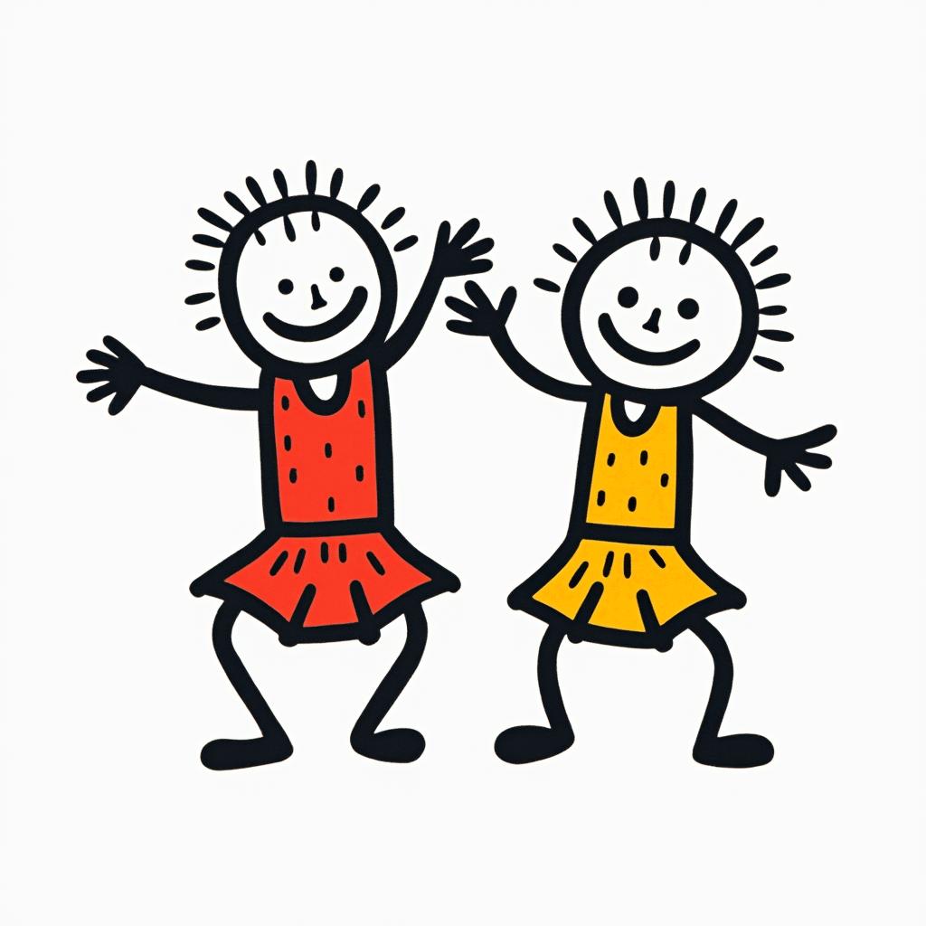 Smiling small sushiabstract dancing figures in Keith Haring style, featuring bold black outlines and solid color fills, figures posed in dynamic and playful dance movements, minimalist design