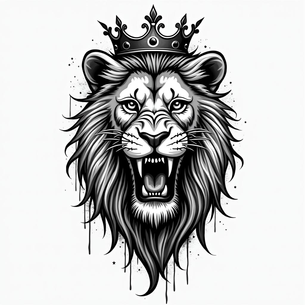 Lioness with crown on headin graffiti style tattoo, featuring bold and dynamic street art elements, spray-paint texture with exaggerated lines and expressive, chaotic brushstrokes, intricate lettering incorporated with graffiti tags, symbols like hearts, stars, and wings - Variation 3
