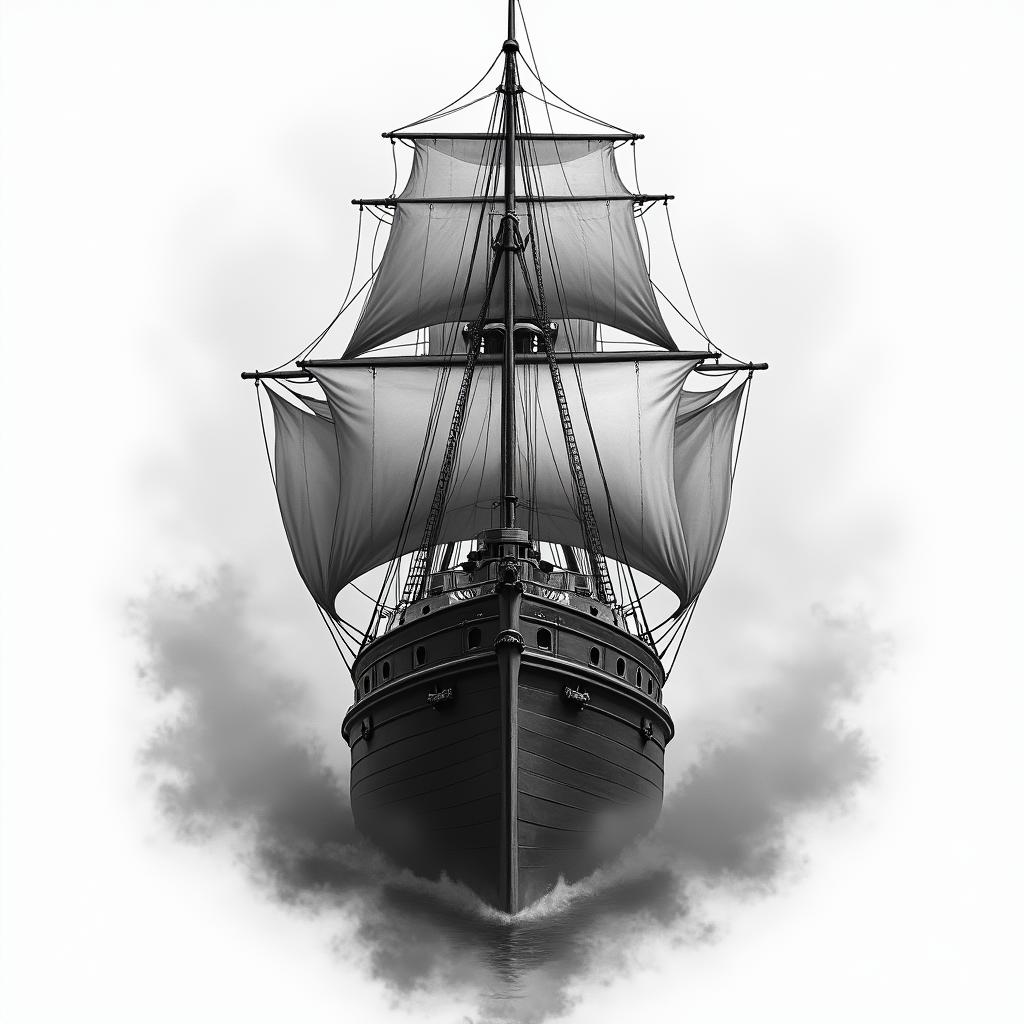 A front facing ship with a inky, misty surroundin realism tattoo style, featuring a highly detailed, lifelike, capturing every detail, photorealistic, ultra realistic, intricate shading, smooth and sharp,   - Variation 3