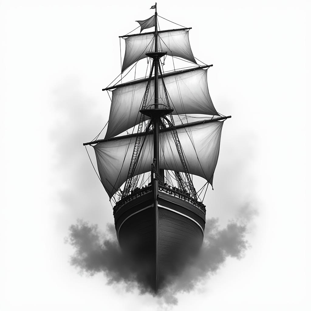 A front facing ship with a inky, misty surroundin realism tattoo style, featuring a highly detailed, lifelike, capturing every detail, photorealistic, ultra realistic, intricate shading, smooth and sharp,   - Variation 4
