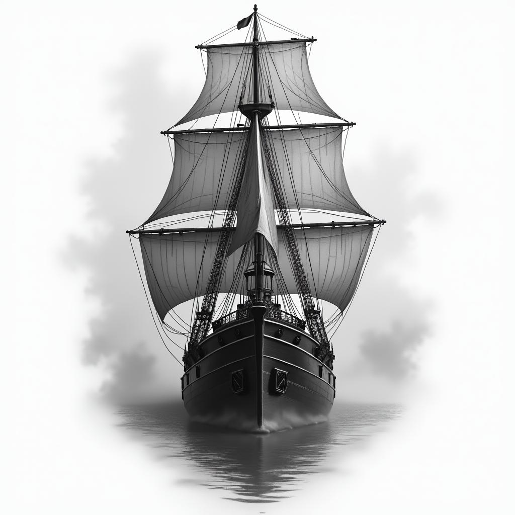 A front facing ship with a inky, misty surroundin realism tattoo style, featuring a highly detailed, lifelike, capturing every detail, photorealistic, ultra realistic, intricate shading, smooth and sharp,   - Variation 2