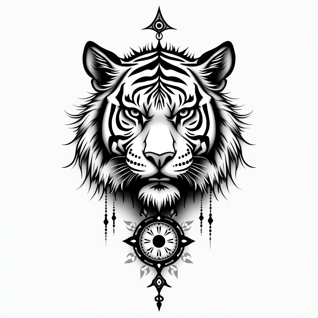 Tear of the tiger + cancerin spiritual symbols tattoo style, featuring an intricate design incorporating elements, Hamsa hand, third eye, minimalist composition - Variation 4