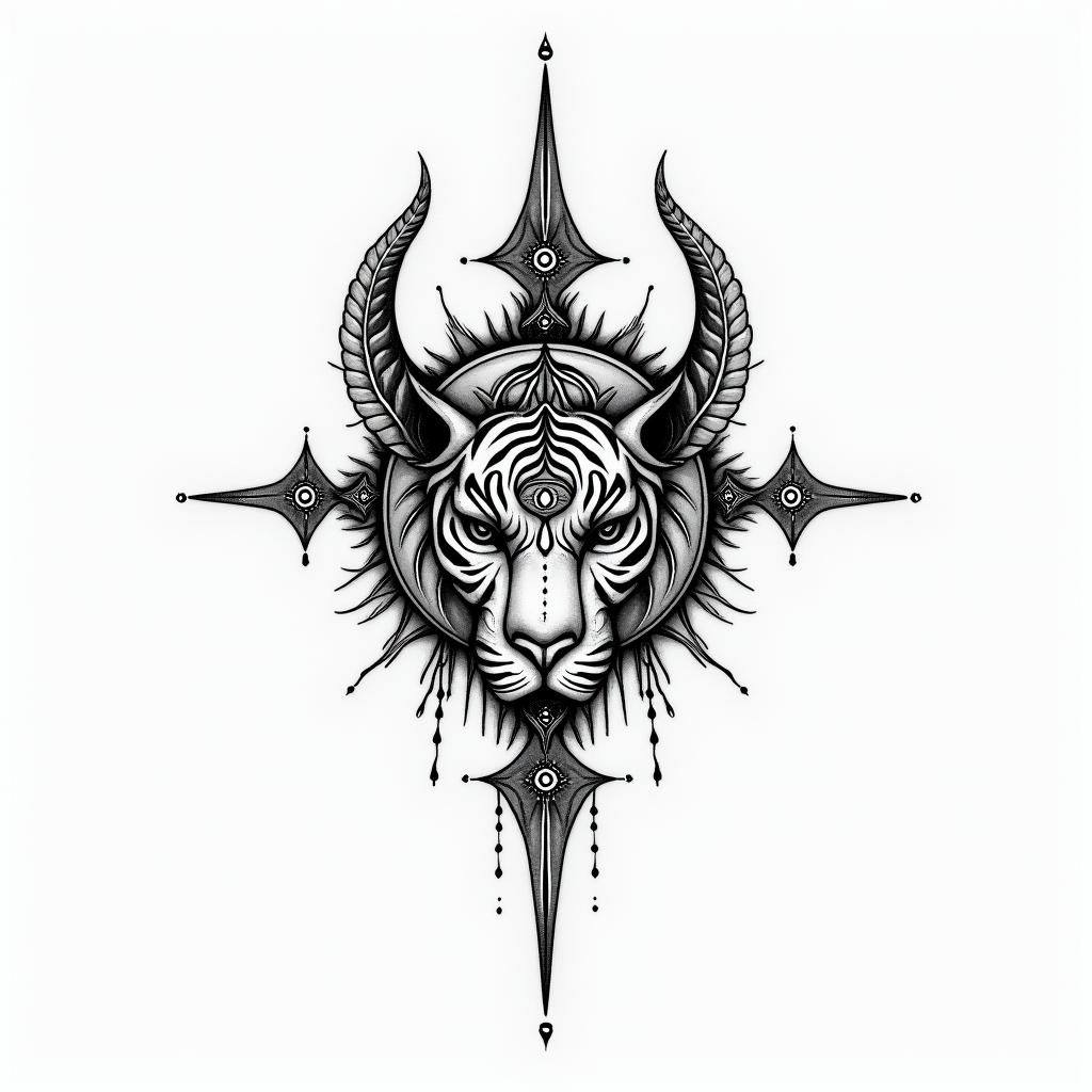 Tear of the tiger + cancerin spiritual symbols tattoo style, featuring an intricate design incorporating elements, Hamsa hand, third eye, minimalist composition