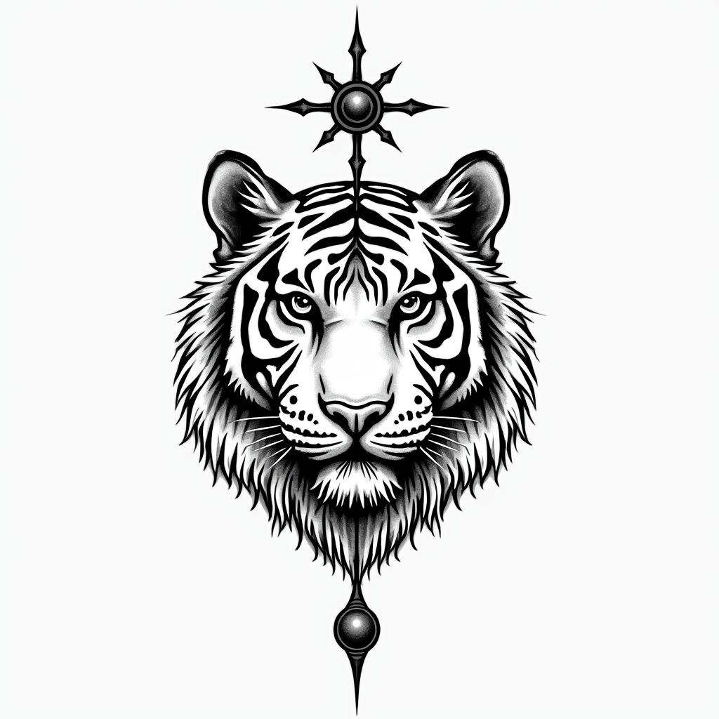 Tear of the tiger + cancerin spiritual symbols tattoo style, featuring an intricate design incorporating elements, Hamsa hand, third eye, minimalist composition - Variation 3